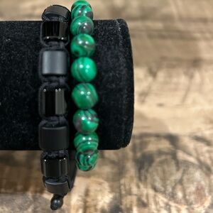 Black Hematite and Green Marbled Bead Bracelet Set